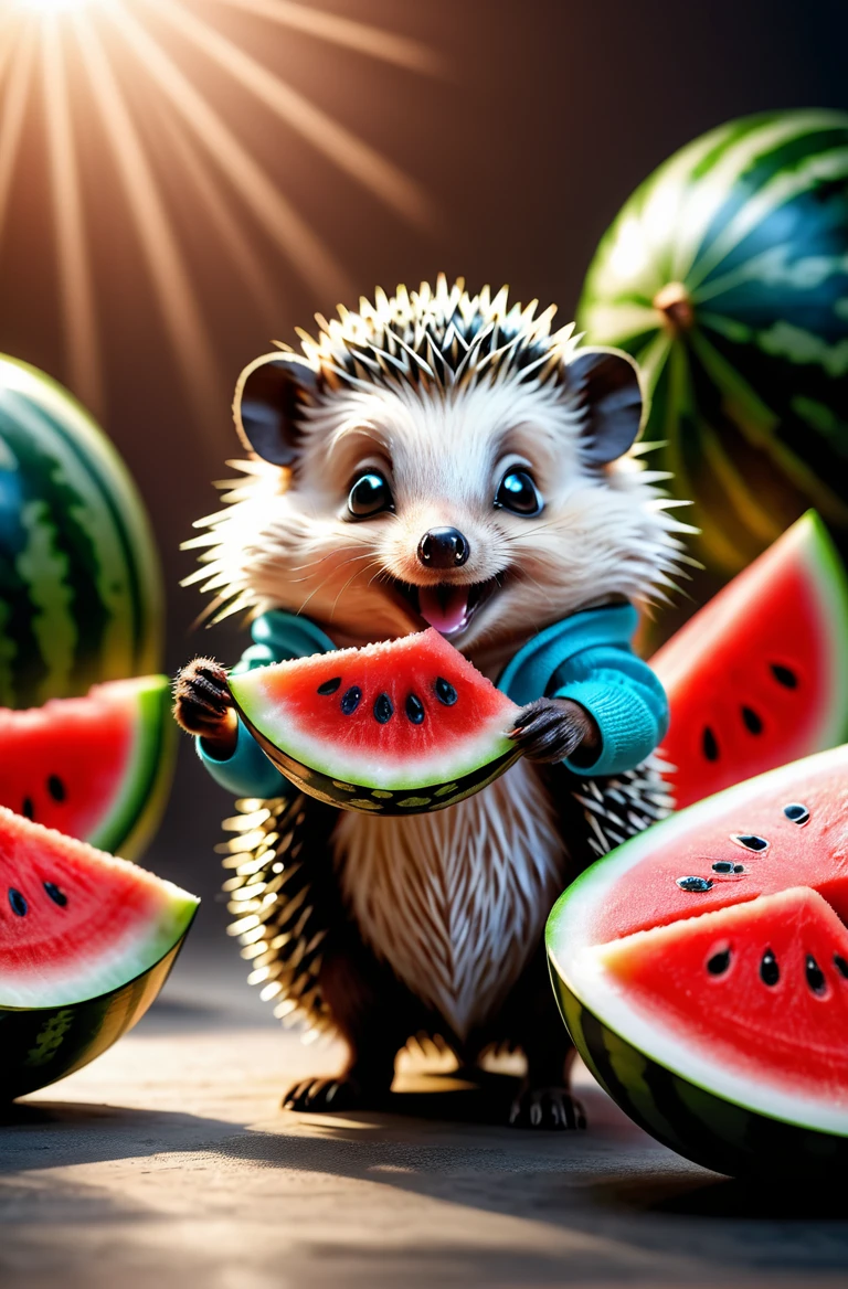 masterpiece of photography, highly detailed photorealistic scene, volumetric lighting, a small hedgehog holding a piece of watermelon with its tiny paws, taking little bites, eyes closed in delight, random dynamic background