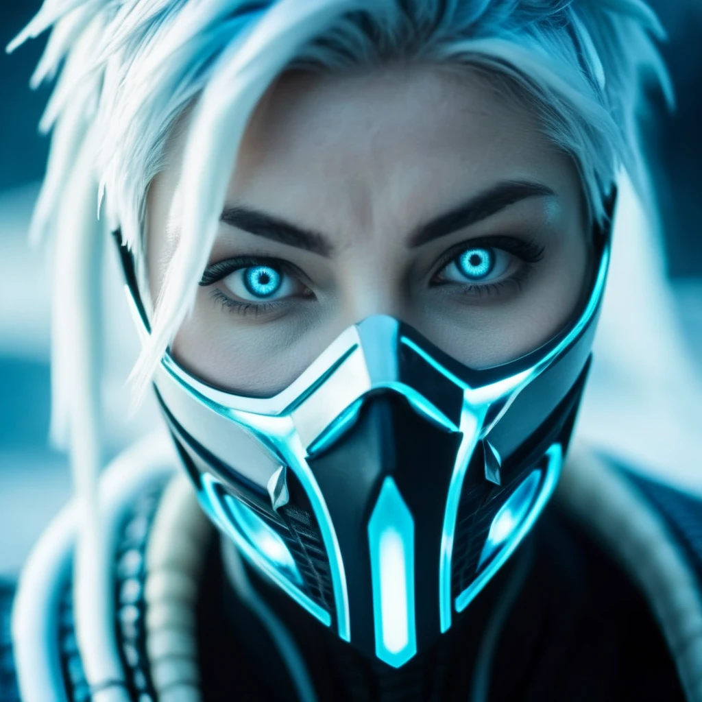 cinematic film still of <lora:Frost Mortal Kombat:1>
Frost Mortal Kombat a pale white cold skin woman with an ice frost hair and frost eyes in a futuristic outfit with a ninja mask and a ninja costume, shallow depth of field, vignette, highly detailed, high budget, bokeh, cinemascope, moody, epic, gorgeous, film grain, grainy
