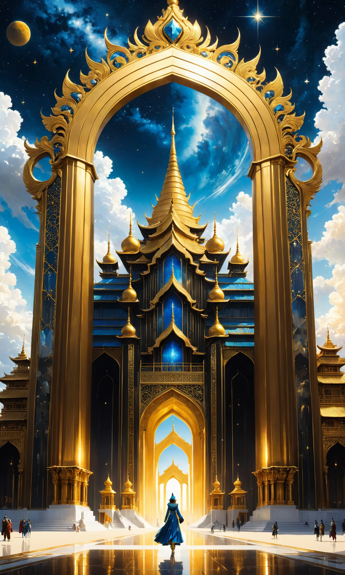 The golden temple, ornate art deco architecture by Jean-Baptiste Monge and Donato Giancola, postminimalism, cinematic lighting, beautiful clouds at the beach with blue sky full of stars, elegant crown made from crystalized metal frame designed by Zaha Hadid. 8K HD mixed media 3d collage in canvas portrait with matte painting <lora:Details:0.85>