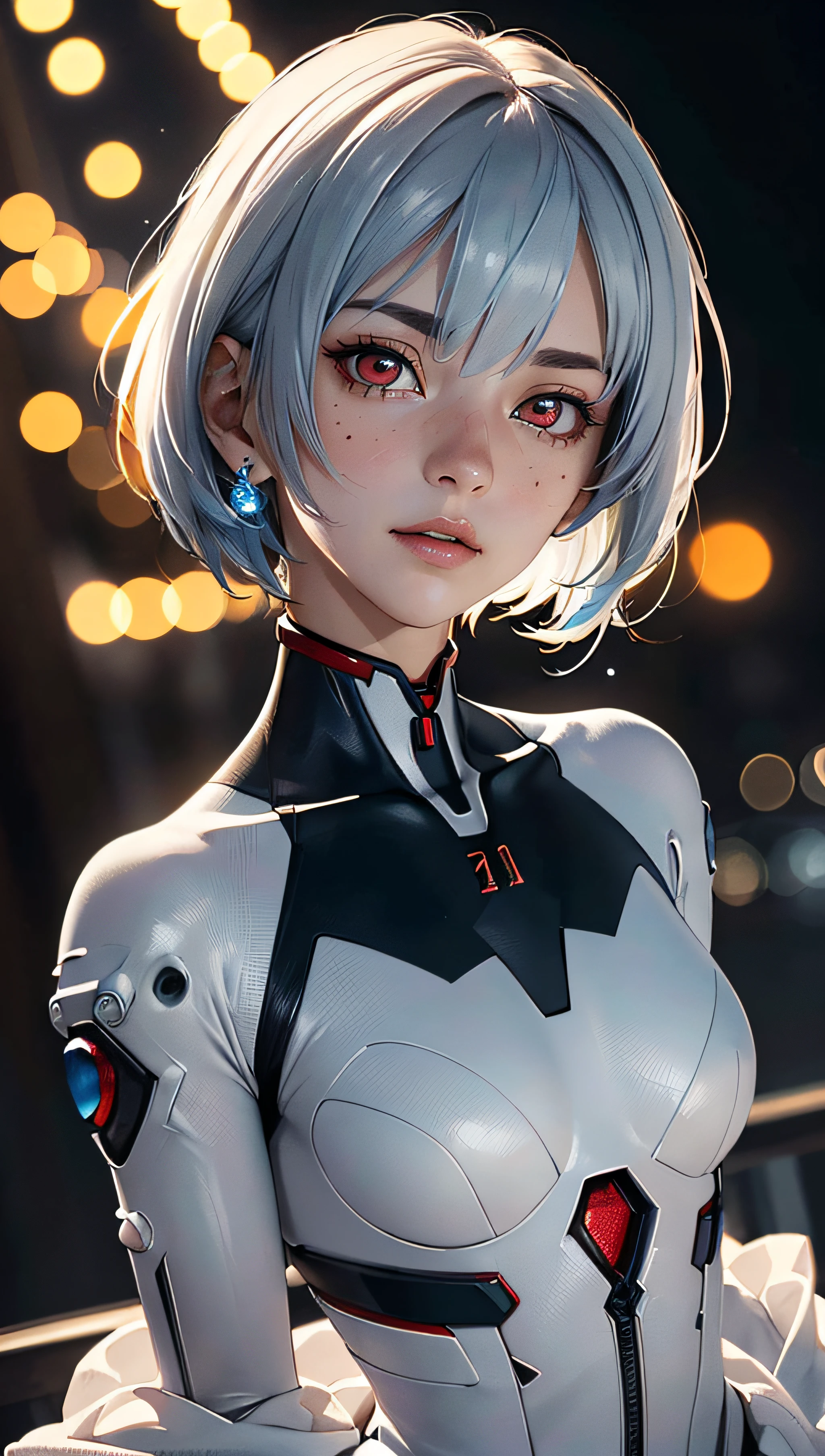 (best quality, masterpiece, colorful, dynamic angle, highest detailed)(\Rei Ayanami\), upper body photo, fashion photography of cute girl (\Rei Ayanami\), red eyes, dressing high detailed Evangelion white suit (high resolution textures), in dynamic pose, bokeh, (intricate details, hyperdetailed:1.15), detailed, moonlight passing through hair, (fantasy background, official art, extreme detailed, highest detailed), HDR+