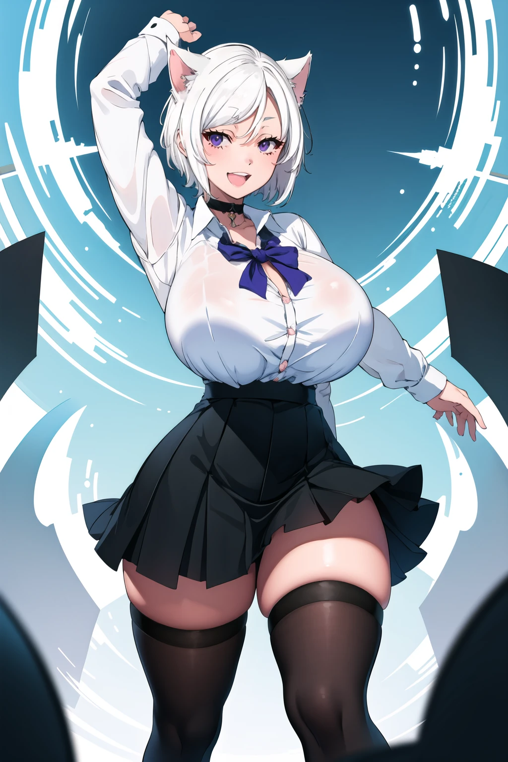 1girl,(solo),gigantic breasts, wide hips, thick thigs,dynamic pose, school uniform, black skirt, white shirt,  thighhighs, black choker, smile, :d, white hair, purple eyes, cat ears, short hair, round eyes, (huge breasts:1.2),  <lora:Suruga-Style-000120:1>