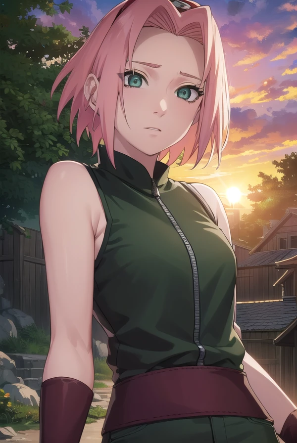 sakuraharuno, <lora:sakura haruno shippuuden-lora-nochekaiser:1>,
default sakura haruno, short hair, (green eyes:1.5), pink hair, (parted bangs:1.5),
BREAK gloves, green eyes, sleeveless, black gloves, red shirt, zipper, forehead protector, konohagakure symbol,
BREAK outdoors, forest, sky, clouds, nature, sun,
BREAK looking at viewer, (cowboy shot:1.5),
BREAK <lyco:GoodHands-beta2:1>, (masterpiece:1.2), best quality, high resolution, unity 8k wallpaper, (illustration:0.8), (beautiful detailed eyes:1.6), extremely detailed face, perfect lighting, extremely detailed CG, (perfect hands, perfect anatomy),