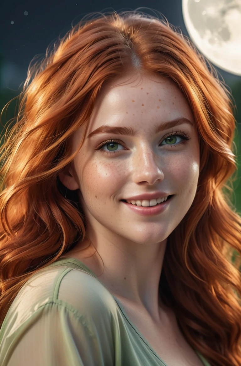 masterpiece, photorealistic highly detailed 16k raw photo, best cinematic quality, volumetric lighting, volumetric shadows, voluptuous redhead young woman in casual clothes, freckles, seductive smile, green eyes, very long wavy hair, moon background, extreme close-up view