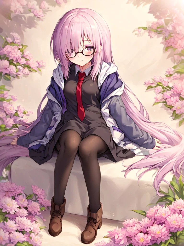 <lora:maxiu:1>,1girl, long hair, alternate hairstyle, alternate hair length, mash kyrielight, necktie, fou (fate), pantyhose, glasses, very long hair, smile, red necktie, black pantyhose, sitting, flower, looking at viewer, dress, black-framed eyewear, black dress, boots, jacket, open clothes, brown footwear, ankle boots, hood, full body