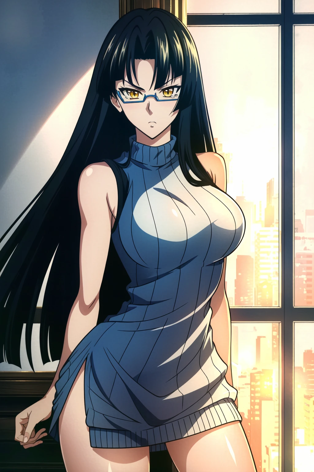 Large Breasts, anime girl with blue hair and green eyes long haired, misato katsuragi, portrait knights of zodiac girl, fubuki, kusanagi, inspired by Rei Kamoi, nico robin, ikki tousen, knights of zodiac girl, juri misaki, gainax anime style, close view 8K,HD,Wallpaper masterpiece 1.3, large ass, , thin waist, abs showing, crop top, black jogging pants, exhausted, sweating, panting, arms behind head, park, trees, sunlight, plants,
