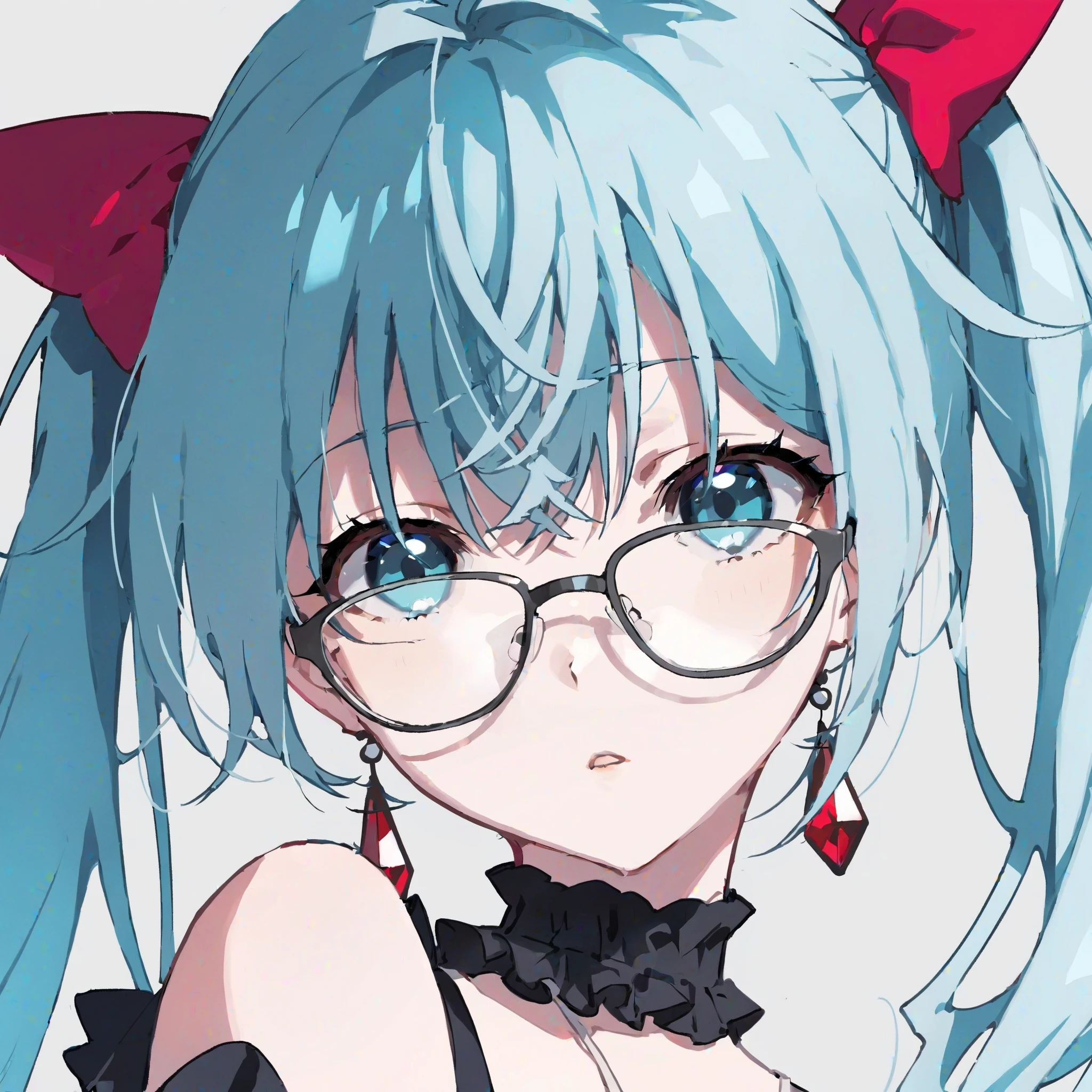 msw,solo, 1girl, jewelry, earrings, close-up, glasses, simple background, portrait, parted lips, long hair, twintails, hair between eyes, looking at viewer, bangs, white background, frills, eyelashes, bare shoulders, grey background, aqua hair, turtleneck, upper body, shirt, blue hair, sleeveless, blurry, aqua eyes, expressionless, blue eyes, open mouth, collarbone, sidelocks, depth of field, alternate costume, short hair, closed mouth, black shirt