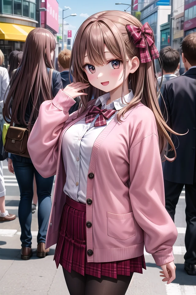 insanely detailed, absurdres, ultra-highres, ultra-detailed, best quality,
1girl, solo, nice hands, perfect hands,
BREAK
(School Uniforms:1.2), (pink cardigan is fit body:1.4), ((do up a buttons, not loose):1.5), ((long sleeve, sleeves past wrists):1.2), (inner wear is white collared-shirt:1.3), (red plaid-pattern bow:1.3), (red plaid-pattern pleated skirt:1.3), ((dark-brown pantyhose, loafers):1.2)
BREAK
happy smile, laugh, open mouth, standing,
from side,
cute pose, cowboy shot,
BREAK
slender, kawaii, perfect symmetrical face, ultra cute girl, ultra cute face, ultra detailed eyes, ultra detailed hair, ultra cute, ultra beautiful,
BREAK
in harajuku, shibuya, tokyo, street, crowd, cityscape,
BREAK
medium large breasts,
(brown hair, brown eyes), hime cut