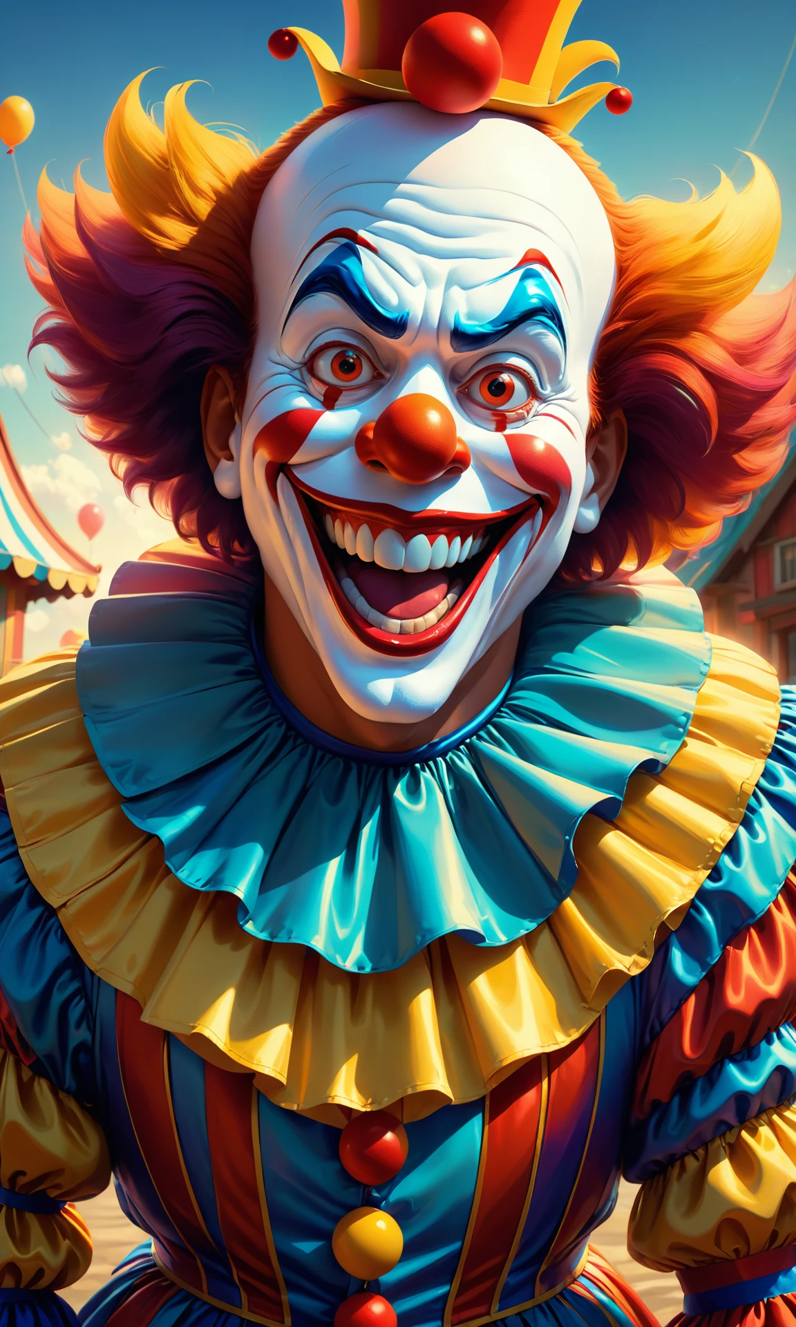 A very funny and funny portrait of a smiling clown. highly detailed digital painting, sharp focus illustration, trending on art station. artist greg rutkowski, loish, rhads, ferdinand knab, concept art, octane render, unreal engine 6, 8k, global illumination, radiant light, detailed and intricate environment. art by cheng yi and <lora:Details:0.85>