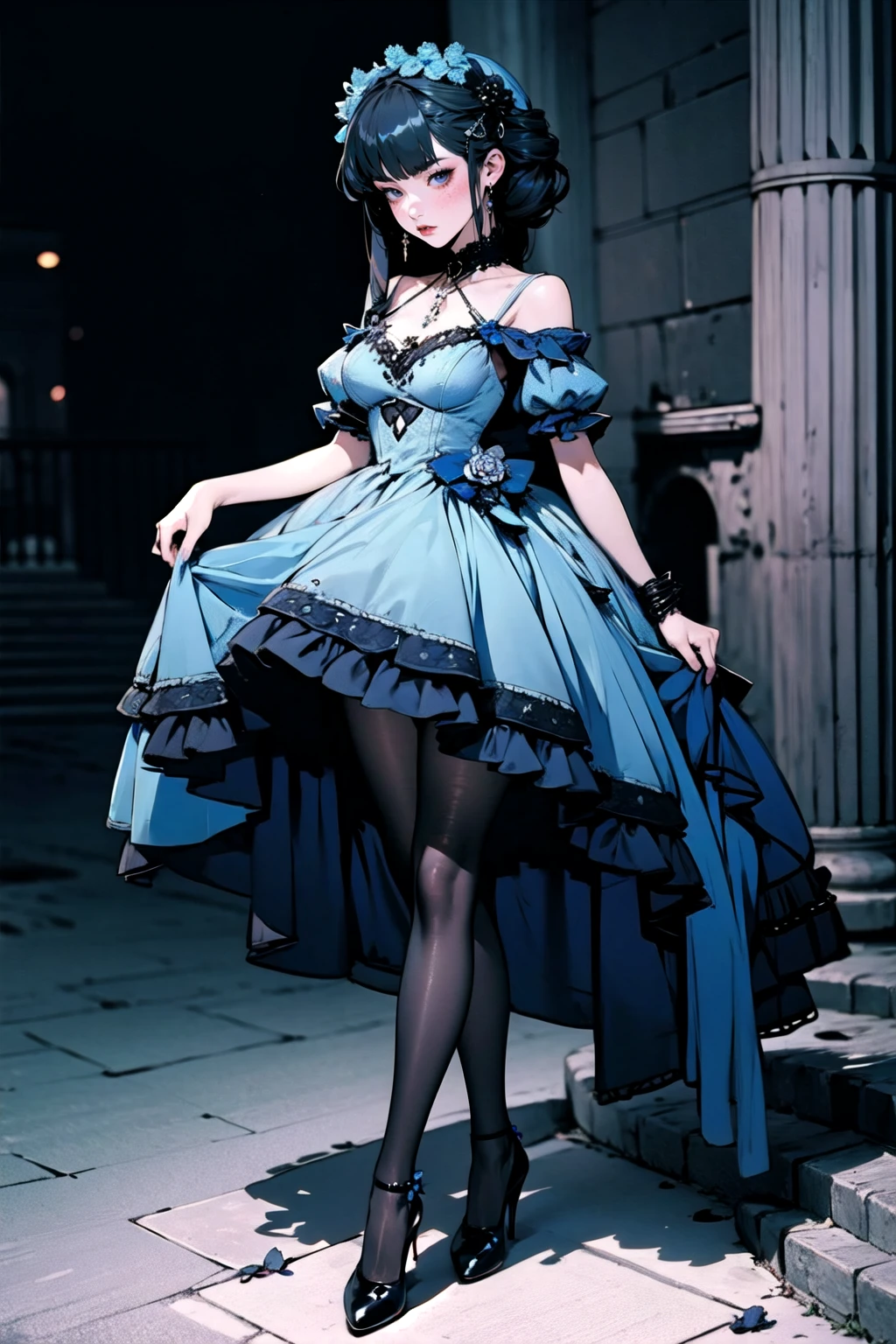 1girl, solo, <lora:wrenchlogown:1>, wrenchlogown, (blue dress:1.2), pantyhose, high heels, frills, flower, embroidery, accessories, jewelry, brooch,