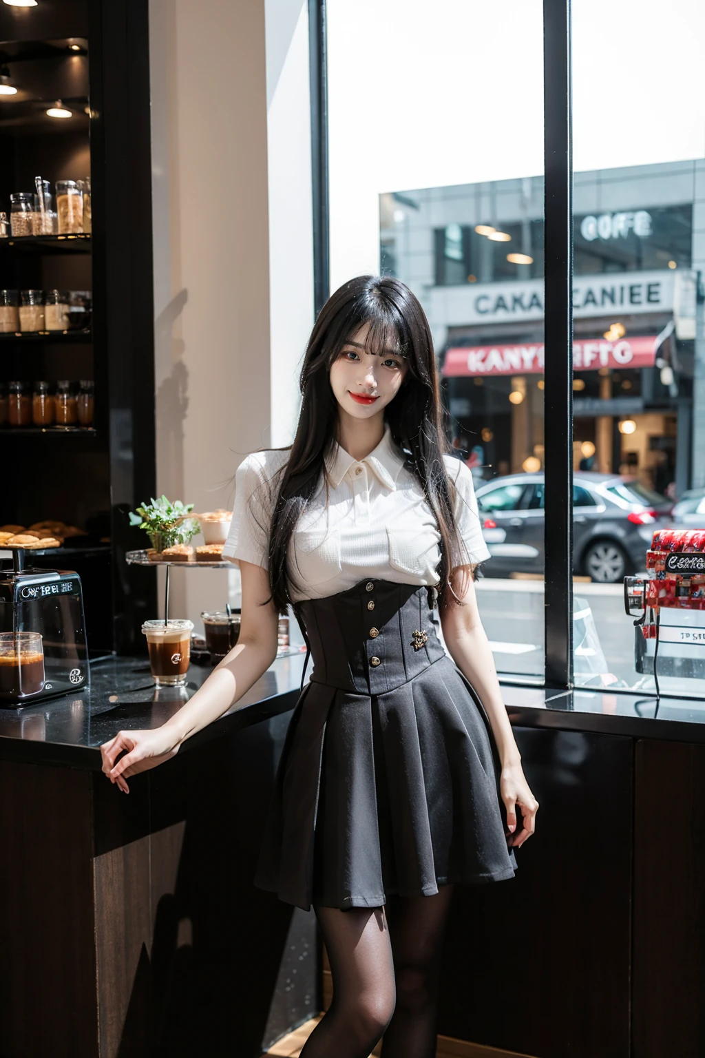 best quality, masterpiece, photorealistic, 1girl, solo, full body, standing, long black hair, straight hair, blunt bangs, looking at viewer, smile, cyb skirt, cyb shirt, high-waist skirt, black pantyhose, holding coffee, in cafe, window, detailed background, <lora:dating_attire_vol1_style6_v1:0.7>