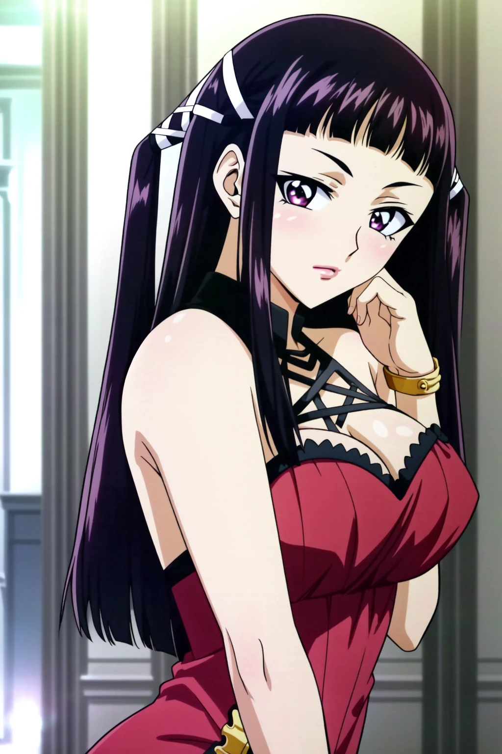 <lora:OGT_Ruby_Toujo-v1:1> Ruby Toujo, 1girl, solo, black hair, long hair, ribbon, purple eyes, self hug, hair ribbon, two side up, hour glass body, ((dress, shoulderless dress)) ,indoors, dutch angle, upper body, looking at viewer, red eyes, perfect lighting, ((shining face, shining body)), perfect face, make up, eye shadow, lip gloss, ((gorgeous)), Extremely beautiful, perfect, (masterpiece:1.2), (best quality:1.2), cinematic, perfect skin, perfect lighting, textured skin, detail, beauty, overall, sharp focus, ultra-detailed, illustration, perfect face, ((gorgeous)), Extremely beautiful, perfect, detailed background, seductive, alluring, ((Shonen Style)), (detailed background, intricate background:1.1), beautiful ((Extremely Detailed)), ((Best Quality)), ((Masterpiece)), ((HDR, UHD, 4k))