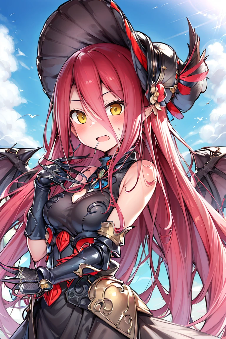 TYPHON,1girl,yellow eyes,redeye,solo,very long hair,black dress,blush,bare shoulders,heterochromia,black sclera,gauntlets,<lora:TYPHON_æä¸°ï¼fateï¼:0.8>,outdoors,blue sky,hat,fist shaking,STANCE,black wing,, (masterpiece), (best quality), HDR, intricate detail,