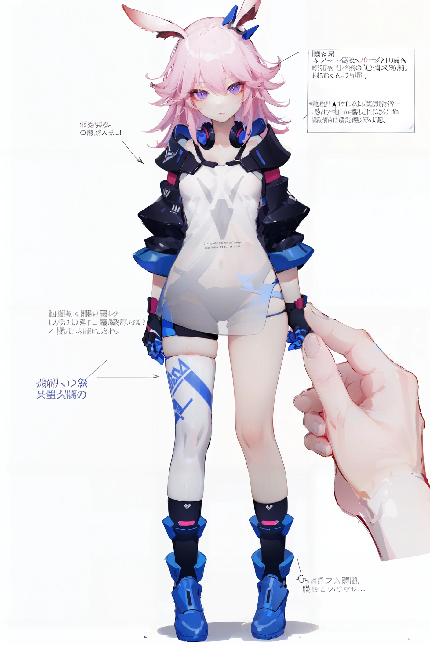 multiple views, pencil sketch, (sketch:1.25), (little girl,small breasts,), ((no shoes)), shy, best quality, graphite \\(medium\\), ske, gradient, rainbow, note, Line draft, highres, absurdres, (ultra-detailed:1.1), (illustration:1.1), (infographic:1.2), pajamas, (all clothes configuration:1.15), (solo), perfectly drawn hands, standing, cohesive background, paper, action, (character design:1.1),
<lora:wuwang-v100:0.8:lbw=OUTALL>, (wuwang, shoulder armor, blue hairclip:1.2), animal ears, pink hair, headphones around neck, see-through, fox ears, long hair, purple eyes, single thighhigh, single glove, bangs,(rabbit ears:0.5),