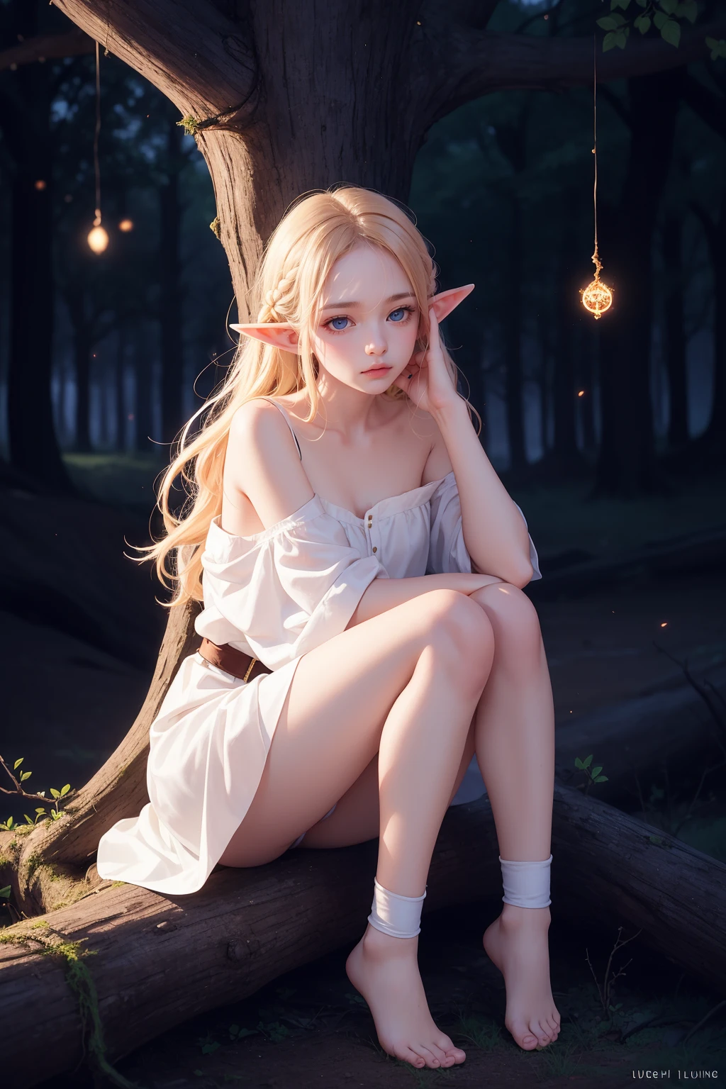 1girl,a weak girl,upper body,elf,sitting on branch,night,soft light,full body,sad,face up,hand supported,magic forest,luminous tree of life,glowing,glowing hair,light particles,