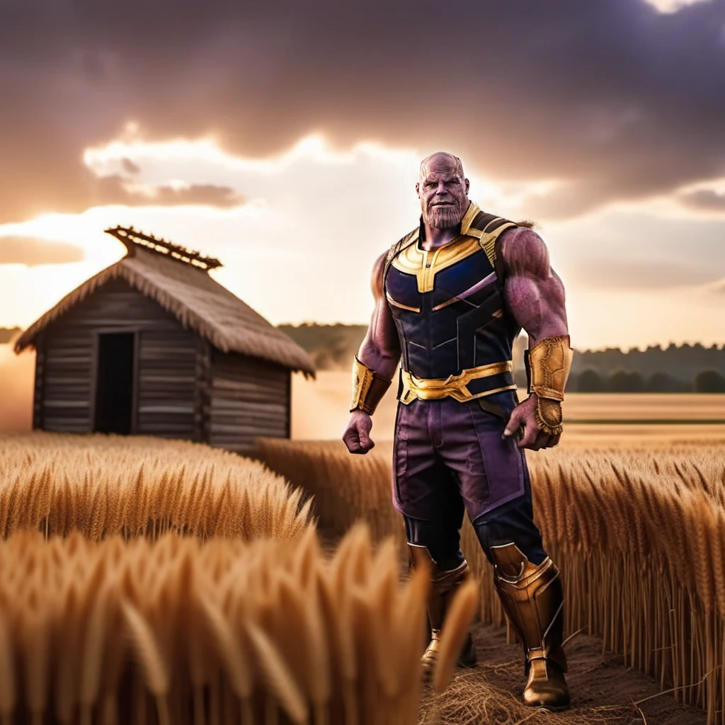 Thanos1024, a man, full body, wheat fields with a wooden hut background, detailed eyes, highly detailed , photography, ultra sharp, film, bokeh, professional, 4k  <lora:add-detail-xl:1.5>  <lora:Thanos1024-000360:0.8>