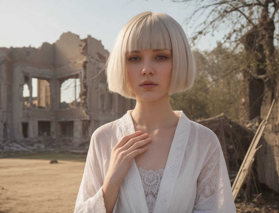 touchism, giant creature in horizon, wind blowing, breathtaking remarkable photo of worrying (21yo [mongol:slavic:0.75] (woman:0.85) with white inverted bob haircut:1.135) waving (perfect feminine hands:1.225) wearing [(white see-through negligee:0.8):white summer robe:0.75] with chamomile pattern, (mole, innocent face, gloom:0.85), (damaged ruins and explosions in background, intricate outdoor morning background with bokeh:1.125), (turbulent fog:0.975), (natural high key light:0.45), (perfect fingers, natural skin texture with pigment variations:1.125), (intricate:1.1) (depth of field, light leaks, sun flares, analog film grain:0.85), hair covering one eye, little cute tattoo