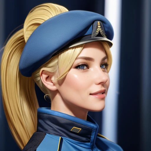 <lora:PureOnyxFemaleCopV1Lora:0.5> woman, blonde hair, ponytail, blue uniform, beret, a woman and a man