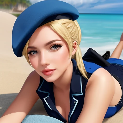 <lora:PureOnyxFemaleCopV2Lora:0.5> woman, blonde, hair, ponytail, beret, uniform, laying on the beach, close up upper body