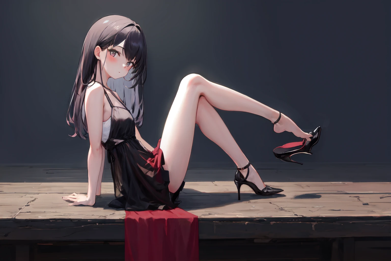 masterpiece, best quality, highres, 1girl, looking at viewer, from side, sitting, leg up, high heels <lora:high_heels_dangle_final:1>