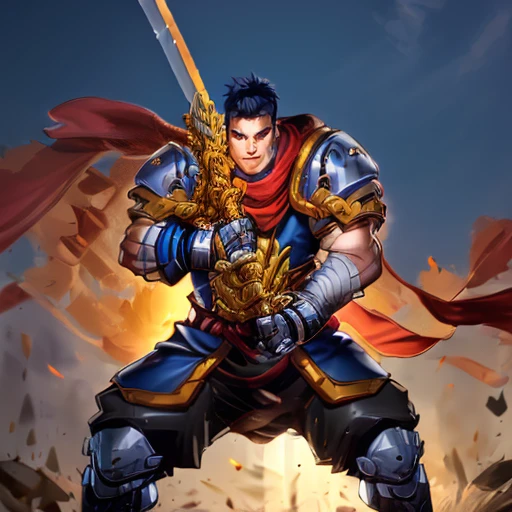 (((a swordfighter on a battlefield swinging his large golden sword, full body)))<lora:GarrisonBattleChasersLoraV1:0.9> man with black hair, blue orange armor, red cape, sword in hand highres, ultra detailed:1.3, 4k, high quality, ultra realistic, sharpen image, extremely detailed CG unity 8k wallpaper, 24mm, exposure blend, hdr, faded, extremely intricate, High Detail:1, Sharp focus, soft cinematic light, looking at viewer, detailed pupils, cute smile, 4k textures, soft cinematic light, cinematic look, insane details, hyperdetailed, Highly detailed