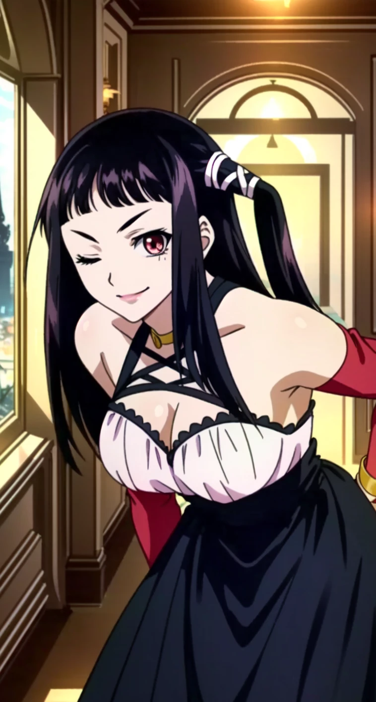 <lora:OGT_Ruby_Toujo-v1:1> Ruby Toujo, 1girl, solo, one eye closed, breasts, long hair, cleavage, closed mouth, detached sleeves, smile, hand on hip, black hair, ;d, leaning forward, skirt, pink nails, ribbon, large breasts, black skirt, hair ribbon, nail polish, hour glass body, ((dress, shoulderless dress)) ,indoors, dutch angle, upper body, looking at viewer, red eyes, perfect lighting, ((shining face, shining body)), perfect face, make up, eye shadow, lip gloss, ((gorgeous)), Extremely beautiful, perfect, (masterpiece:1.2), (best quality:1.2), cinematic, perfect skin, perfect lighting, textured skin, detail, beauty, overall, sharp focus, ultra-detailed, illustration, perfect face, ((gorgeous)), Extremely beautiful, perfect, detailed background, seductive, alluring, ((Shonen Style)), (detailed background, intricate background:1.1), beautiful ((Extremely Detailed)), ((Best Quality)), ((Masterpiece)), ((HDR, UHD, 4k))