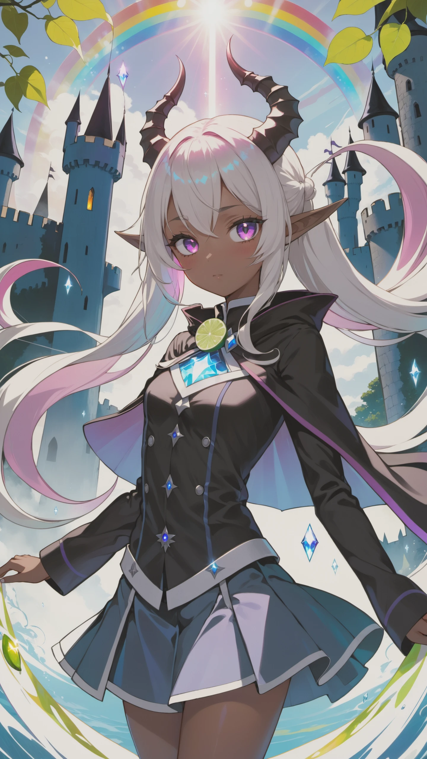 (Highest picture quality), (Master's work), (ultra-detailed), (Detailed eye description:1.1), (lens flare:1.1), (movie poster:1.1), (Tarot border:1.1), the portrait is centered, (close-up:1.1), (negative space:0.8), (chaos aura:1.2), (solo), 1girl, cute girl, (floating colorful water magic:1.1), (many colorful vines), (floating pink blades:1.1), (water wings:1.0), (dappled sunlight, light rays,caustics:1.2), (colorful:1.1), (beautiful detailed glow:1.1), (leaning back:1.2), (grim expression:1.1), (small:1.1), (closed mouth:1.0), (eyeshadow), (lime hair:1.4), (long white hair:1.1), witch hat, (facing viewer:1.3), (halo:1.3), (head tilt:1.1), (dynamic pose:1.1), (asymmetrical hair:1.2), (blue armor:1.1), (military), (layered skirt), (black eyes:1.4), blunt bangs, high twin tails, long coat, (floating cape:1.1), (succubus horns, demon horns:1.1), (castle:1.4), (outdoors,outside:1.1), hair bow, (flying:1.1), (dark skin:1.1), (upper body:1.2), symbol-shaped pupils, detailed rainbow pupils