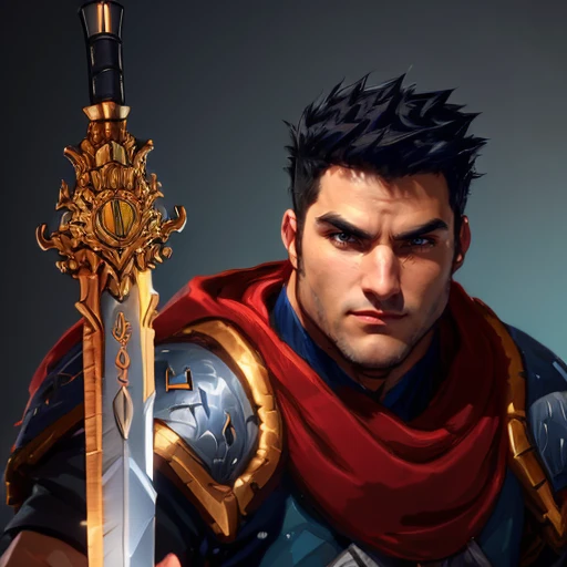 (((a man fighting with a sword)))<lora:GarrisonBattleChasersLoraV1:0.8>1man with black hair, blue orange armor, red cape, sword in hand highres, ultra detailed:1.3, 4k, high quality, ultra realistic, sharpen image, extremely detailed CG unity 8k wallpaper, 24mm, exposure blend, hdr, faded, extremely intricate, High Detail:1, Sharp focus, soft cinematic light, looking at viewer, detailed pupils, cute smile, 4k textures, soft cinematic light,  cinematic look, insane details, hyperdetailed, Highly detailed