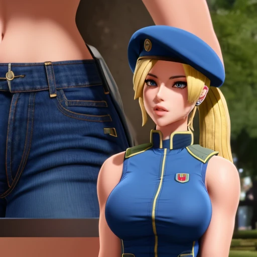 <lora:PureOnyxFemaleCopV2Lora:0.6> woman, blonde, hair, ponytail, beret, uniform, a woman standing in a park wearing a tank top and jeans, close up upper body