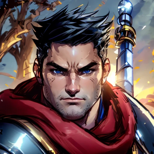 a swordfighter on a battlefield<lora:GarrisonBattleChasersLoraV1:0.9> man with black hair, blue orange armor, red cape, sword in hand highres, ultra detailed:1.3, 4k, high quality, ultra realistic, sharpen image, extremely detailed CG unity 8k wallpaper, 24mm, exposure blend, hdr, faded, extremely intricate, High Detail:1, Sharp focus, soft cinematic light, looking at viewer, detailed pupils, cute smile, 4k textures, soft cinematic light, cinematic look, insane details, hyperdetailed, Highly detailed