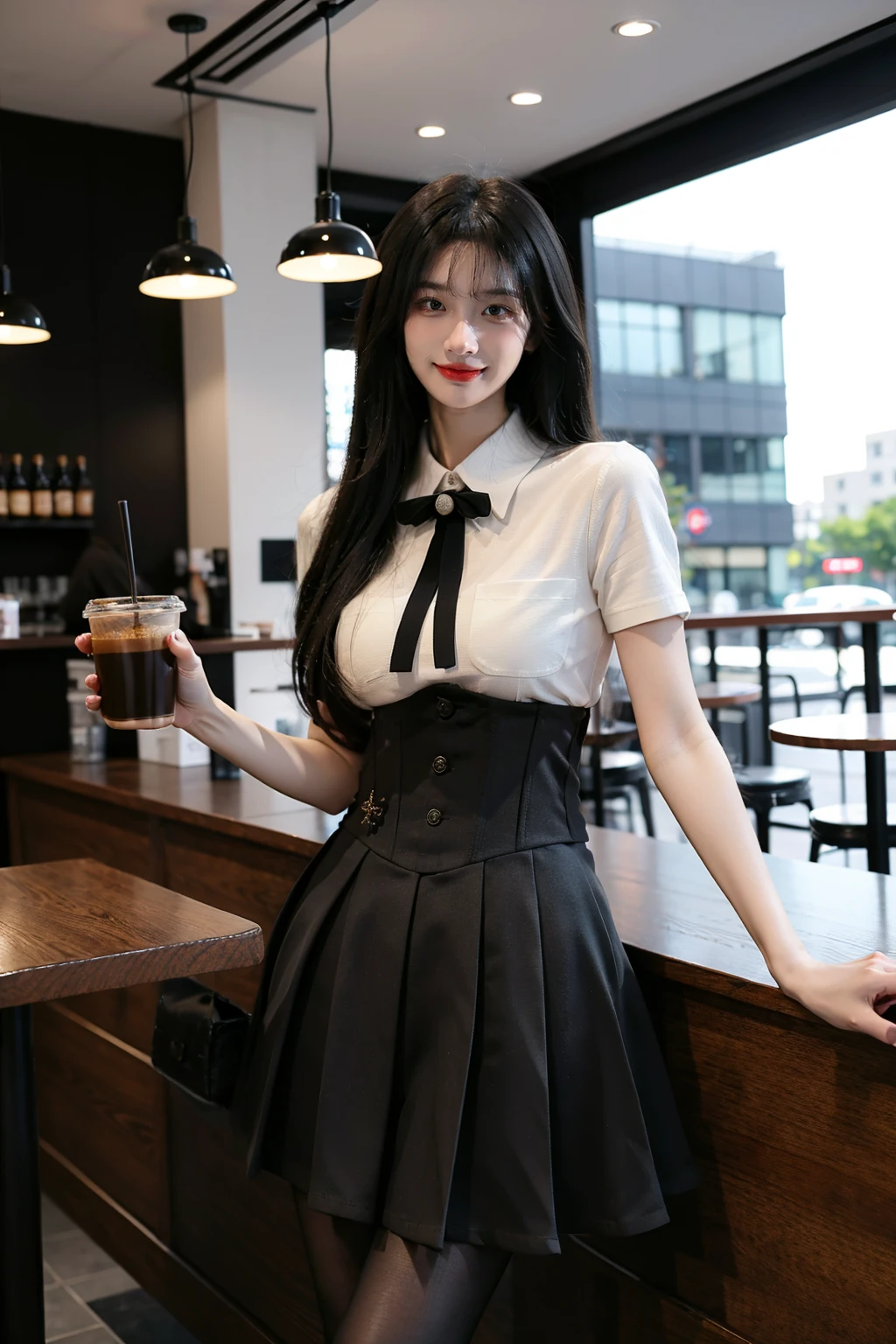 Best quality, full body portrait, delicate face, relatively thin face, 20 year old woman, slim body, small bust, OL uniform, white shirt, office clothes, black stockings, black high heels, outdoor scene, sitting position