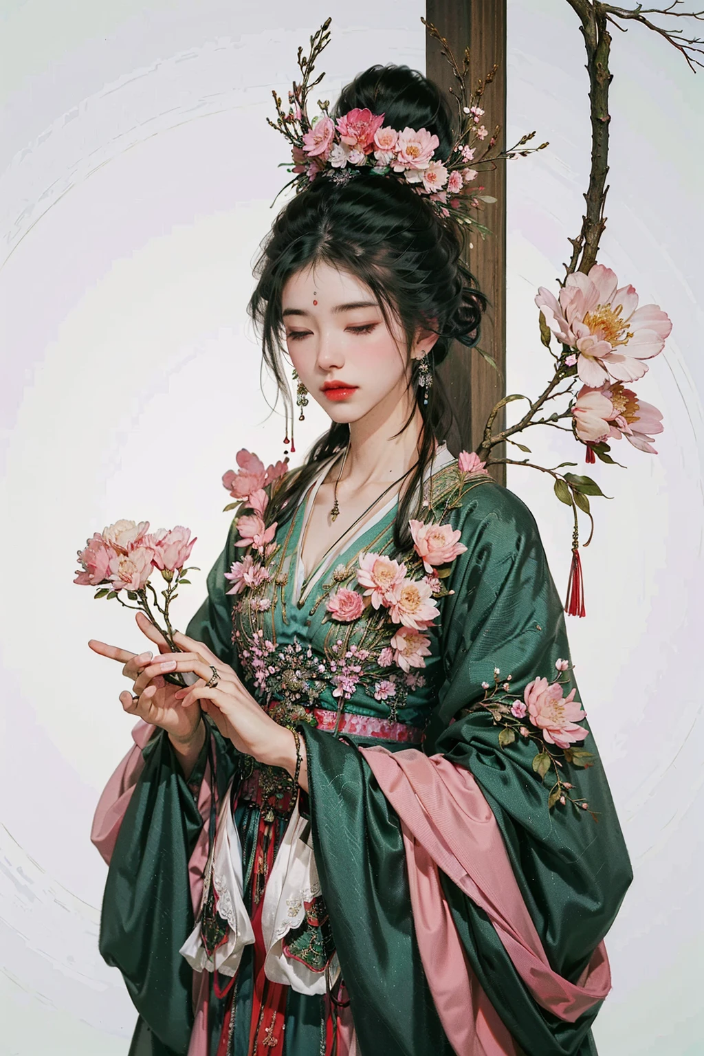 a woman in a green dress with a flower crown on her head and a bird on her shoulder, holding a string, 1girl, green dress, flower, solo, closed eyes, black hair, holding, dress, branch, long sleeves, chinese clothes, hair ornament, hair bun, hanfu, jewelry, string, pink flower, single hair bun, facial mark, forehead mark, ribbon, norfleetï¼
Best quality,masterpiece,ultra high res,<lora:jyy:0.7>,