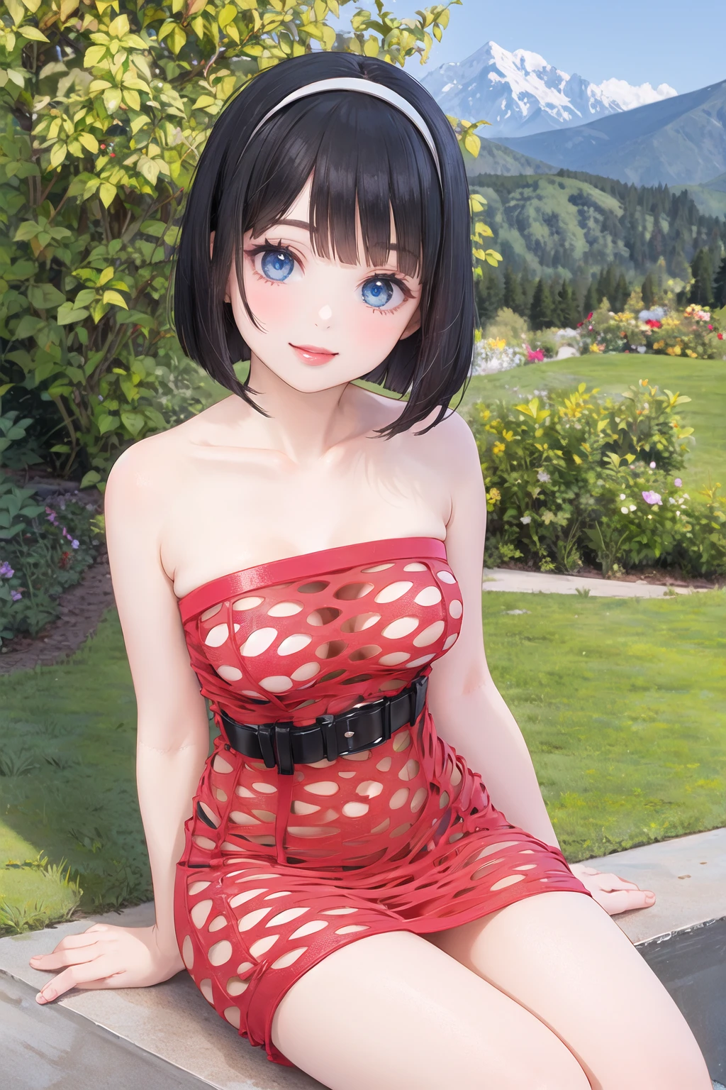 <lora:potholetube-10:0.7>, (strapless pothole tube dress), 1girl, solo, medium breasts, outdoors, mountain, blue eyes, black hair, bob cut, hairband, smile, lips, sitting, belt