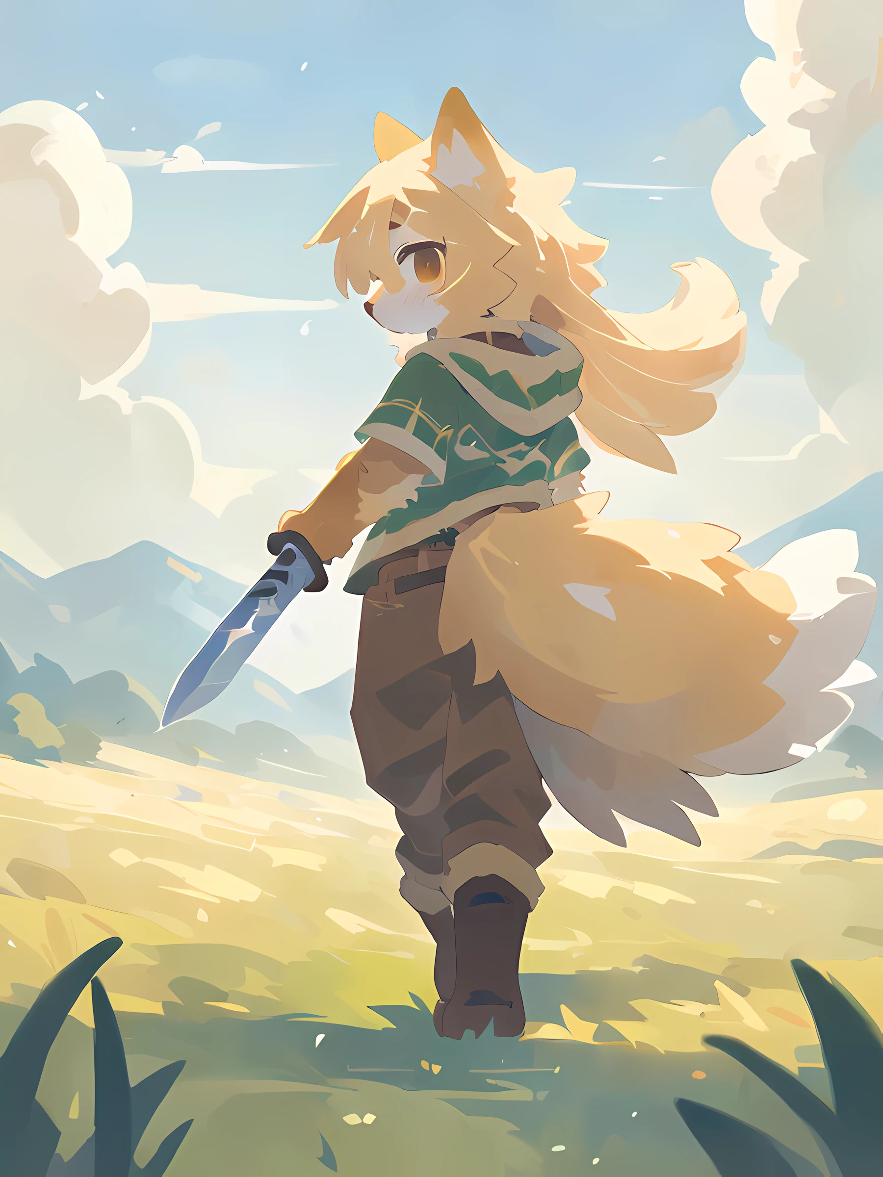 1girl, solo, holding a sword, very tall grass field, (from behind:1.3), walking, facing background, brown pants, pancho, cloud, windy, boots,, (best quality, masterpiece, illustration, ultra-detailed:1.3), (uploaded on e621, furry, anthro, kemono:1.3)