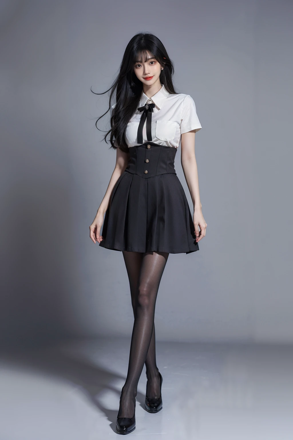 best quality, masterpiece, photorealistic, 1girl, solo, full body, standing, long black hair, straight hair, blunt bangs, looking at viewer, smile, cyb skirt, cyb shirt, high-waist skirt, neck ribbon, black pantyhose, high heels, simple background, <lora:dating_attire_vol1_style6_v1:0.7>