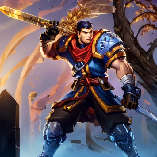 (((a swordfighter on a battlefield swinging his large golden sword, full body)))<lora:GarrisonBattleChasersLoraV1:0.9> man with black hair, blue orange armor, red cape, sword in hand highres, ultra detailed:1.3, 4k, high quality, ultra realistic, sharpen image, extremely detailed CG unity 8k wallpaper, 24mm, exposure blend, hdr, faded, extremely intricate, High Detail:1, Sharp focus, soft cinematic light, looking at viewer, detailed pupils, cute smile, 4k textures, soft cinematic light, cinematic look, insane details, hyperdetailed, Highly detailed