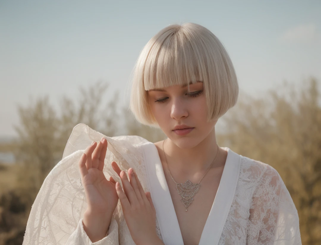 touchism, giant creature in horizon, wind blowing, breathtaking remarkable photo of worrying (21yo [mongol:slavic:0.75] (woman:0.85) with white inverted bob haircut:1.135) waving (perfect feminine hands:1.225) wearing [(white see-through negligee:0.8):white summer robe:0.75] with chamomile pattern, (mole, innocent face, gloom:0.85), (damaged ruins and explosions in background, intricate outdoor morning background with bokeh:1.125), (turbulent fog:0.975), (natural high key light:0.45), (perfect fingers, natural skin texture with pigment variations:1.125), (intricate:1.1) (depth of field, light leaks, sun flares, analog film grain:0.85), hair covering one eye, little cute tattoo