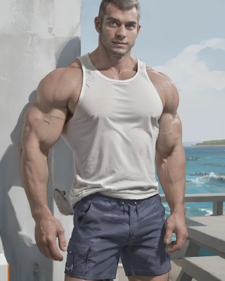 (best quality, masterpiece), aqua_admin_matt, looking at viewer, muscular, sunny, wearing white tanktop, grey cargo shorts <lora:Aqua_Admin_Matt-15:0.8>