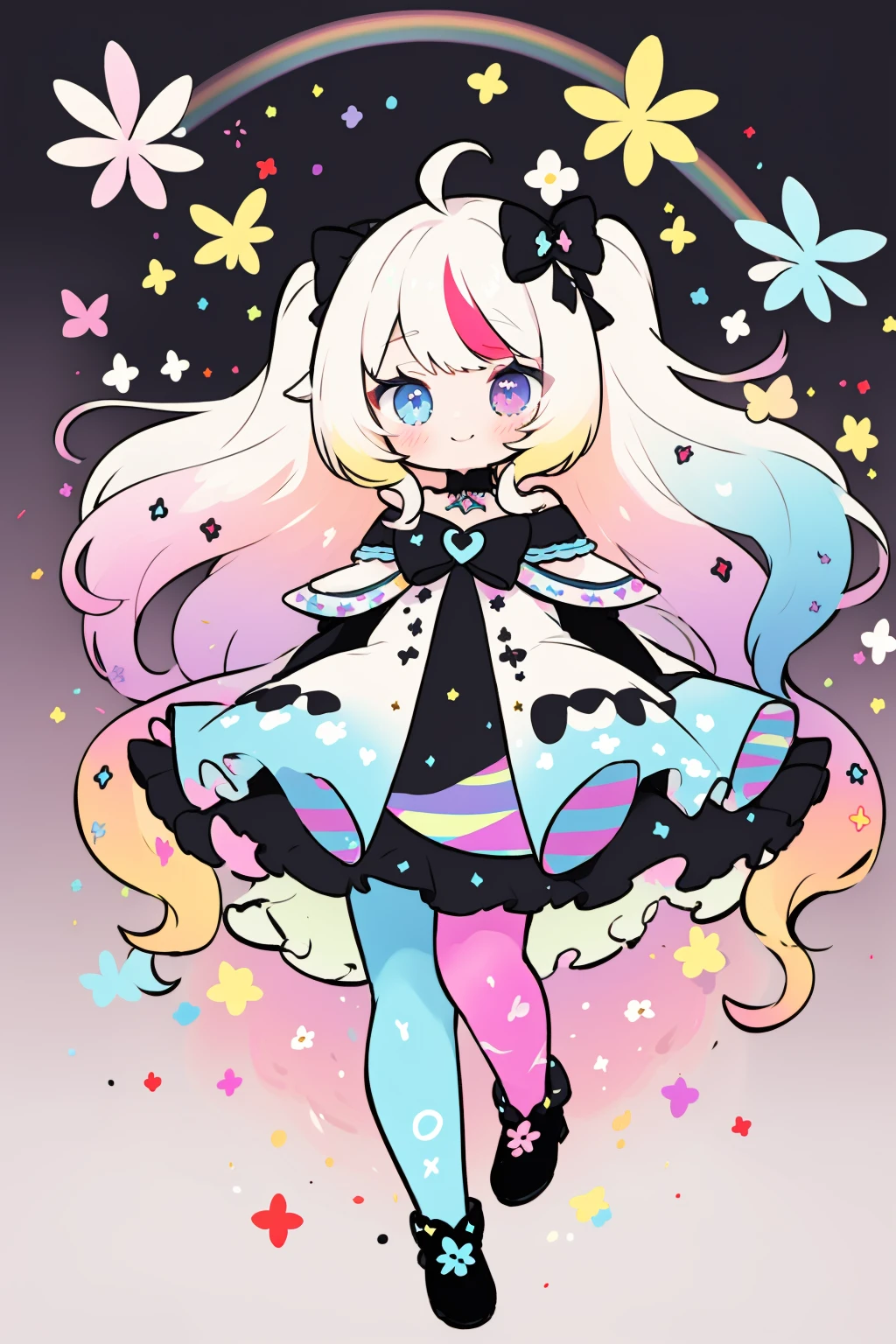 flat color,1girl,solo,smile,detailed lighting,blurry,sunshine,mahou_shoujo,
(( rainbow gradient)),rainbow_print,butterfly print,fireworks,
rainbow hair,very long hair,drill hair,curly hair,ahoge,big hair,
gradient eyes,wind,floating,sparkle,
(rainbow colorful multicolored clothes:1.3),floral print,flowers,hairbow,lace,frills,magical girl,cape,
lace trimmed white legwear,pantyhose,
((colorful rainbow)),((rainbow colorful long hair)),multicolored hair,streaked hair,
clock,magic circle,