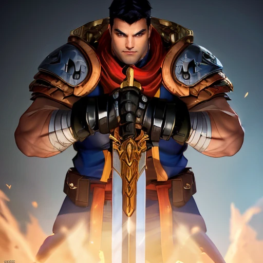 a swordfighter on a battlefield swinging his large golden sword, full body<lora:GarrisonBattleChasersLoraV1:0.9> man with black hair, blue orange armor, red cape, sword in hand highres, ultra detailed:1.3, 4k, high quality, ultra realistic, sharpen image, extremely detailed CG unity 8k wallpaper, 24mm, exposure blend, hdr, faded, extremely intricate, High Detail:1, Sharp focus, soft cinematic light, looking at viewer, detailed pupils, cute smile, 4k textures, soft cinematic light, cinematic look, insane details, hyperdetailed, Highly detailed