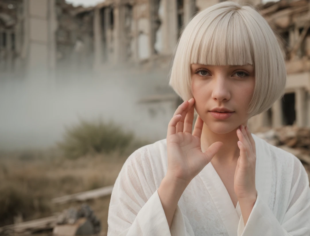 touchism, giant creature in horizon, wind blowing, breathtaking remarkable photo of worrying (21yo [mongol:slavic:0.75] (woman:0.85) with white inverted bob haircut:1.135) waving (perfect feminine hands:1.225) wearing [(white see-through negligee:0.8):white summer robe:0.75] with chamomile pattern, (mole, innocent face, gloom:0.85), (damaged ruins and explosions in background, intricate outdoor morning background with bokeh:1.125), (turbulent fog:0.975), (natural high key light:0.45), (perfect fingers, natural skin texture with pigment variations:1.125), (intricate:1.1) (depth of field, light leaks, sun flares, analog film grain:0.85), hair covering one eye, little cute tattoo