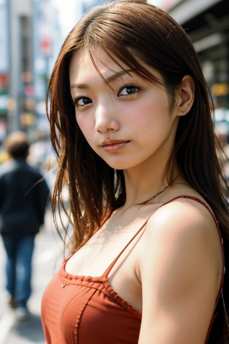 RAW photo, (best quality, 8k, 32k, masterpiece, UHD:1.2), ultra high resolution, (pretty a Korean teen girl of 13 years old), beautiful detailed eyes, long light brown hair, bangs, (wearing magenta tank-top), large breasts, cleavage, portrait, (crowded city boulevard on a bright sunny day:1.2), (detailed background:1.5)