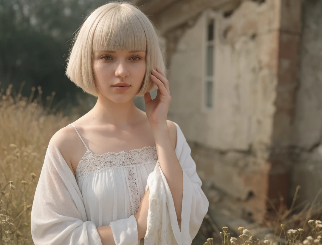 touchism, giant creature in horizon, wind blowing, breathtaking remarkable photo of worrying (21yo [mongol:slavic:0.75] (woman:0.85) with white inverted bob haircut:1.135) waving (perfect feminine hands:1.225) wearing [(white see-through negligee:0.8):white summer robe:0.75] with chamomile pattern, (mole, innocent face, gloom:0.85), (damaged ruins and explosions in background, intricate outdoor morning background with bokeh:1.125), (turbulent fog:0.975), (natural high key light:0.45), (perfect fingers, natural skin texture with pigment variations:1.125), (intricate:1.1) (depth of field, light leaks, sun flares, analog film grain:0.85), hair covering one eye, little cute tattoo