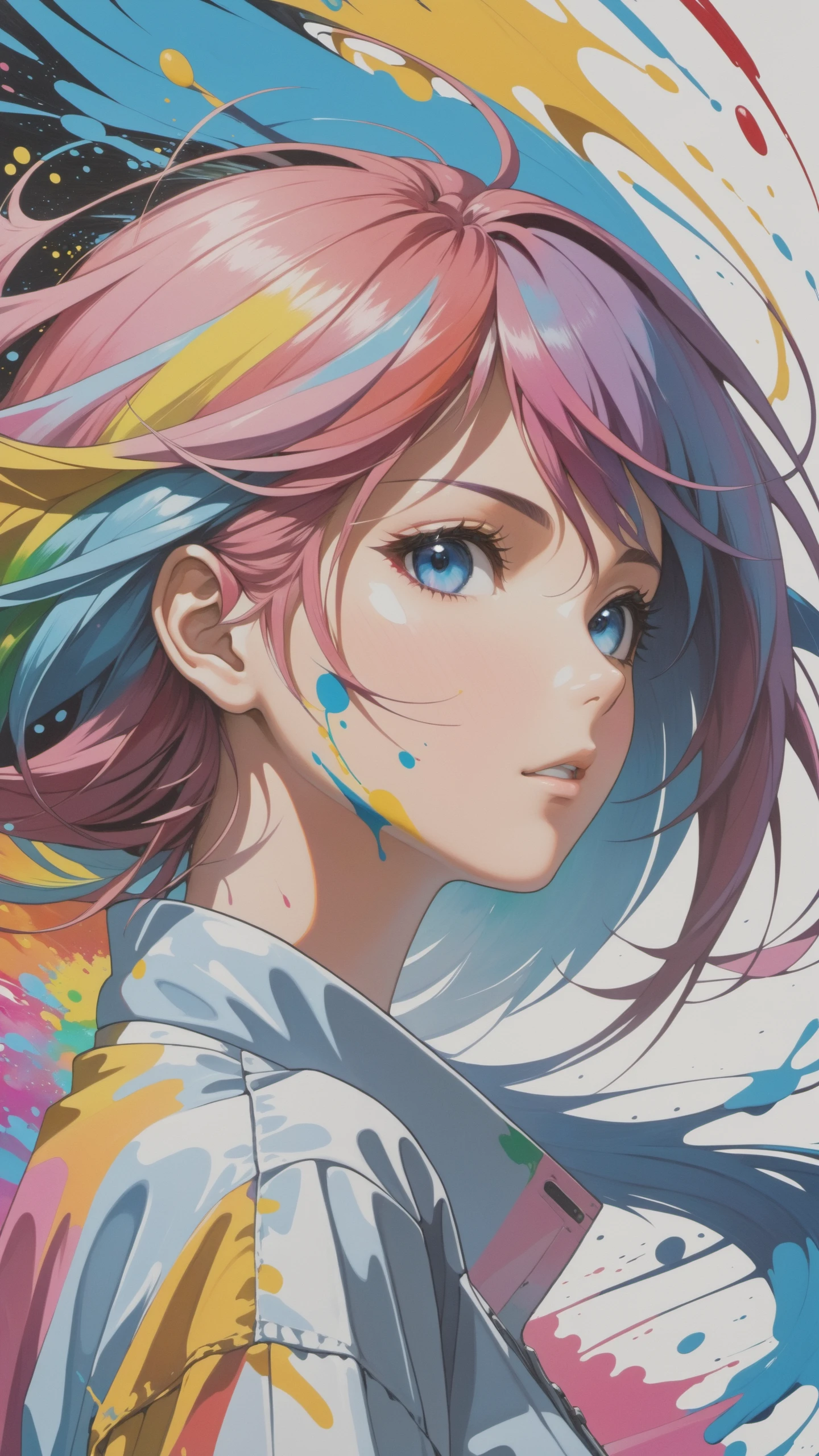 double exposure, whirlwind of paint, girl, (paint splashes, colorful, outrun, paint texture:1.2), (masterpiece:1.2), best quality, (hyperdetailed, highest detailed:1.2), high resolution textures, (absurdres, best quality, highly detailed:1.2), a portrait of one side woman's face, anime, by Anno Hideaki, colorful hair, close up on side of face