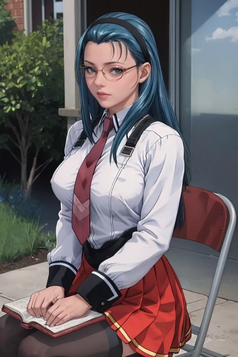 sitting,
masterpiece, best quality, high quality, highres, outdoors, day, upper body, looking at viewer, solo, focused, BREAK,
FAP_BibleBlack_JunkoMochida_ownwaifu, bible_black,
1girl, long hair, blue hair, hairband, breasts, large breasts, blue eyes, rimless eyewear, very long hair,
skirt, thighhighs, long sleeves, school uniform, necktie, glasses, zettai ryouiki, red necktie, suspenders, red skirt, pleated skirt,
<lora:FAP_BibleBlack_JunkoMochida_ownwaifu:1>
