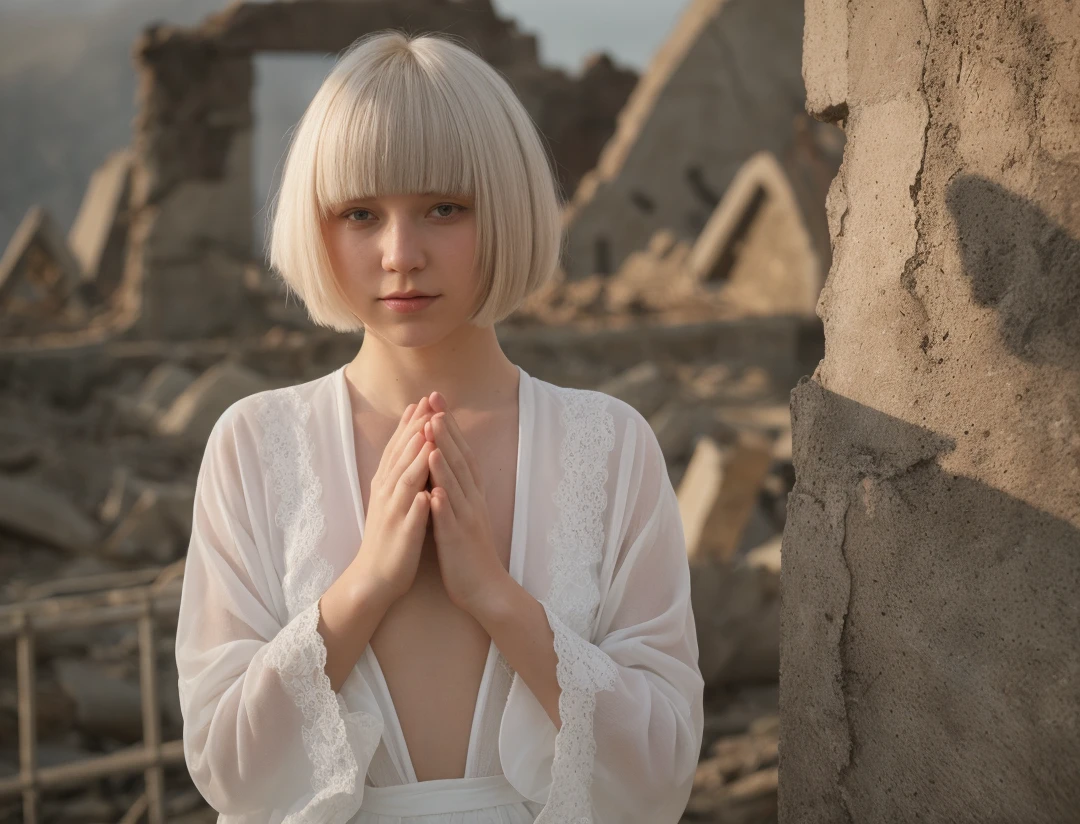 touchism, giant creature in horizon, wind blowing, breathtaking remarkable photo of worrying (21yo [mongol:slavic:0.75] (woman:0.85) with white inverted bob haircut:1.135) waving (perfect feminine hands:1.225) wearing [(white see-through negligee:0.8):white summer robe:0.75] with chamomile pattern, (mole, innocent face, gloom:0.85), (damaged ruins and explosions in background, intricate outdoor morning background with bokeh:1.125), (turbulent fog:0.975), (natural high key light:0.45), (perfect fingers, natural skin texture with pigment variations:1.125), (intricate:1.1) (depth of field, light leaks, sun flares, analog film grain:0.85), hair covering one eye, little cute tattoo