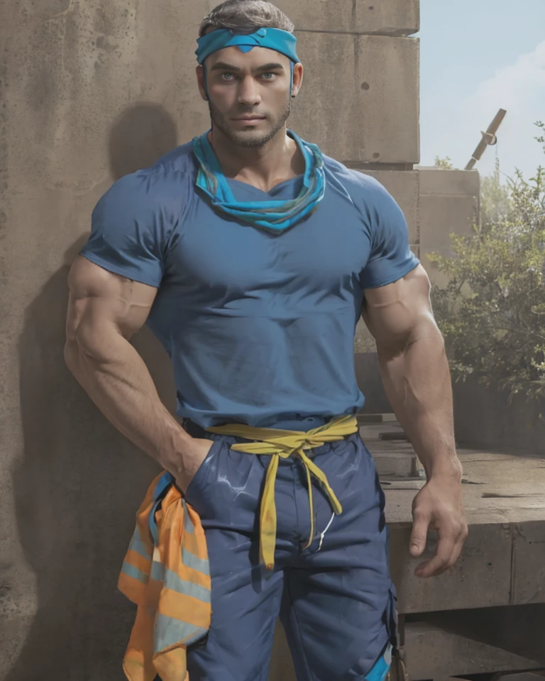 (best quality, masterpiece), aqua_admin_matt, looking at viewer, muscular, sunny, wearing light blue shirt, grey cargo pant, blue bandana <lora:Aqua_Admin_Matt-15:0.8>