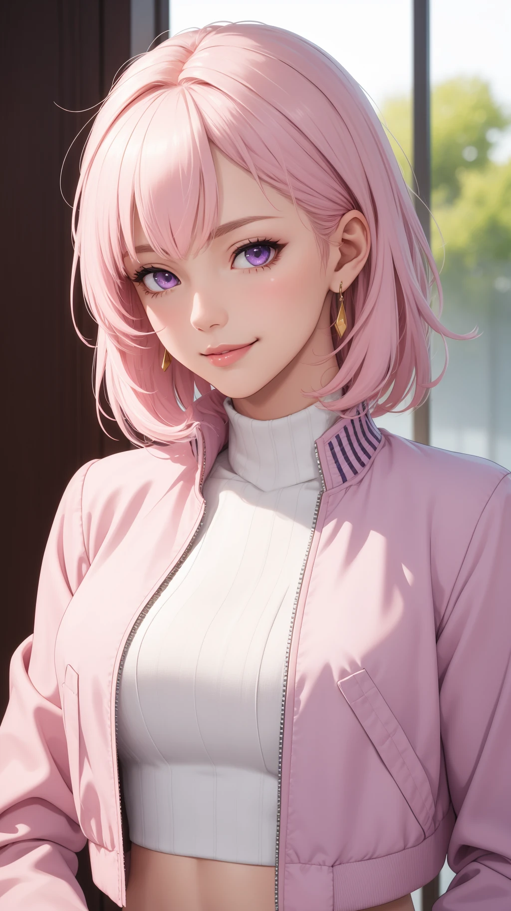 (masterpiece, best quality), intricate details, thin, ((slim)), beautiful girl, mature female, Light pink hair, white skin, light purple eyes, sharp jawline, cropped jacket, messy hair, lips, upper body, smirk