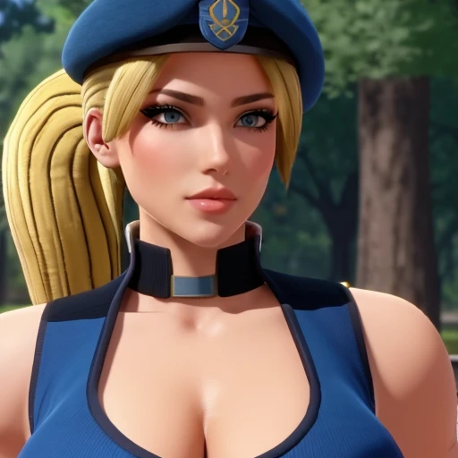 <lora:PureOnyxFemaleCopV2Lora:0.6> woman, blonde, hair, ponytail, beret, uniform, a woman standing in a park wearing a tank top and jeans, close up upper body