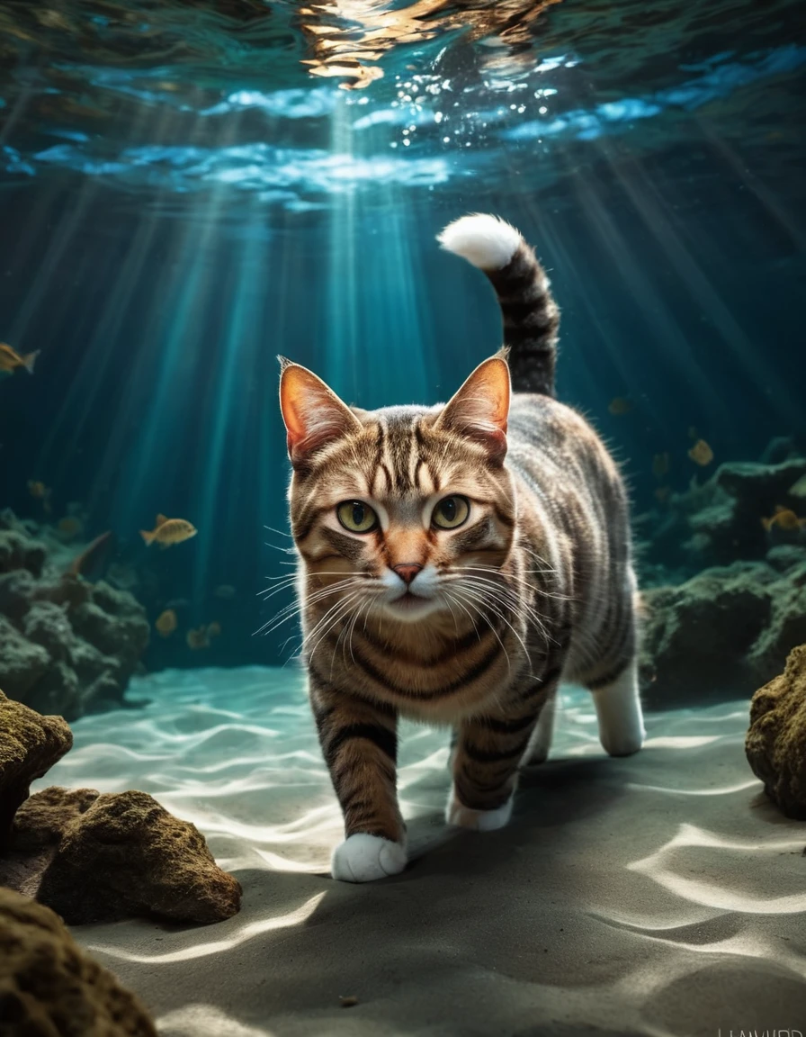 Full body Adventures underwater of a beautiful cat, expressive eyes, 3D efect, centered, symmetry, painted, intricate, volumetric lighting, beautiful, rich deep colors masterpiece, sharp focus, ultra detailed, in the style of dan mumford and marc simonetti, astrophotography