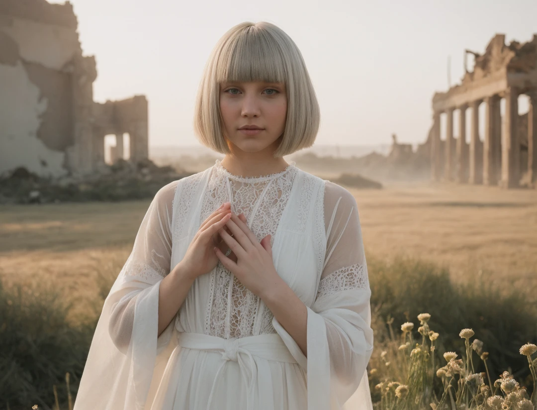 touchism, giant creature in horizon, wind blowing, breathtaking remarkable photo of worrying (21yo [mongol:slavic:0.75] (woman:0.85) with white inverted bob haircut:1.135) waving (perfect feminine hands:1.225) wearing [(white see-through negligee:0.8):white summer robe:0.75] with chamomile pattern, (mole, innocent face, gloom:0.85), (damaged ruins and explosions in background, intricate outdoor morning background with bokeh:1.125), (turbulent fog:0.975), (natural high key light:0.45), (perfect fingers, natural skin texture with pigment variations:1.125), (intricate:1.1) (depth of field, light leaks, sun flares, analog film grain:0.85), hair covering one eye, little cute tattoo